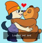  &lt;3 anthro beanie bear belly blush brown_body brown_fur canid canine canis clothing domestic_dog duo embrace english_text eyes_closed floppy_ears fur hat headgear headwear hi_res hug male male/male mammal nose_kiss overweight parappa parappa_the_rapper pj_berri sinribbons sony_corporation sony_interactive_entertainment text 