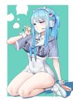  1girl absurdres animal_ear_headphones animal_ears blue_eyes blue_hair blue_neckerchief cat_ear_headphones dress fake_animal_ears full_body gloomyowl goddess_of_victory:_nikke hair_between_eyes headphones headset highres holding holding_pen holding_stylus holding_tablet_pc ipad legs miniskirt neckerchief open_mouth pen shifty_(nikke) simple_background skirt smoke smoking socks solo standing stylus tablet_pc tachi-e white_dress white_footwear wrist_cuffs 