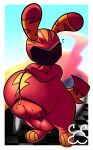  anthro balls belly belly_squish blurred_background bodily_fluids bulge clothing crossed_arms detailed_bulge felid feline genitals hi_res jumpsuit katsuma katsuma_(species) male mammal monster_(moshi_monsters) moshi_monsters rabbit_ears solo spleeep squish sweat sweaty_balls sweaty_genitalia tail vehicle 