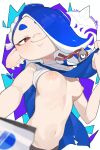  1girl blue_hair blush breasts closed_mouth commission earrings hand_fan highres jewelry looking_at_viewer makingtawawa mask medium_breasts multiple_earrings nipples red_eyes revealing_clothes sarashi sarashi_pull shiver_(splatoon) simple_background skeb_commission smile solo splatoon_(series) splatoon_3 stomach tentacle_hair upper_body white_background 