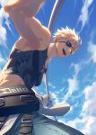  belt black_shirt blonde_hair blue_sky cloud cloudy_sky cross english_text eyepatch flagpole guilty_gear guilty_gear_strive highres holding holding_pole looking_at_viewer male_focus muscular muscular_male open_mouth pants pole shaded_face shirt short_hair sin_kiske sky sunlight talgi 