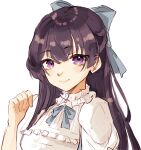  1girl absurdres bow brown_hair commentary grey_bow hair_bow hand_up highres honkai_(series) honkai_impact_3rd long_hair looking_at_viewer mofumanju puffy_short_sleeves puffy_sleeves purple_eyes raiden_mei shirt short_sleeves simple_background solo upper_body white_background white_shirt 