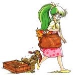  1980s_(style) 1985 1girl alpha_(dream_hunter_rem) ayanokouji_rem bag beta_(dream_hunter_rem) blue_eyes cat dog dragging dream_hunter_rem grin handbag high_ponytail long_hair long_skirt looking_at_viewer mouri_kazuaki non-web_source official_art open_mouth pink_skirt polka_dot polka_dot_skirt retro_artstyle round_eyewear scan semi-rimless_eyewear simple_background skirt smile solo suitcase walking white_background yellow_footwear 