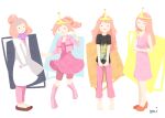 1girl adventure_time boots champagne_flute coat cup dress drinking_glass eyewear_on_head flower glasses hair_bun hands_in_pockets holding holding_cup jacket kome_(micix) lab_coat pants pink_dress pink_footwear pink_hair pink_jacket pink_pants ponytail princess princess_bonnibel_bubblegum red_footwear science_parasite solo tiara white_coat 