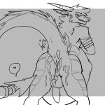 abdominal_bulge after_vore anthro anus balls belly big_belly bodily_fluids bulge butt cum cum_on_butt dragon fur furred_dragon genital_fluids genitals gesture hi_res horn looking_at_viewer looking_back male penis piercing pointing pointing_at_self raised_tail solo tail topazknight vore 