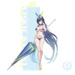  1girl absurdly_long_hair azur_lane bare_shoulders bikini blue_bikini blue_eyes blue_hair breasts character_name cleavage closed_mouth copyright_name criss-cross_halter full_body green_footwear hair_between_eyes halterneck hand_on_own_face highres holding holding_umbrella large_breasts long_hair navel new_jersey_(azur_lane) new_jersey_(midsummer_leisure)_(azur_lane) official_alternate_costume one_eye_closed ponytail simple_background slippers smile solo swimsuit umbrella very_long_hair yyy_(zelda10010) 
