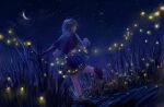  1girl antenna_hair blue_theme cape crescent_moon fireflies grass highres laughing moon night night_sky red_footwear running satellitedragon short_hair sky socks solo splashing star_(sky) touhou white_socks wriggle_nightbug 