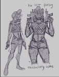  2023 anthro banan_zielony_(dudelinooo) biped bottomwear clothed clothing digital_media_(artwork) english_text fishnet fishnet_clothing fishnet_topwear fully_clothed grey_background grey_body grin gun hat headgear headwear hi_res holding_gun holding_object holding_weapon hyena male mammal mastectomy_scar multiple_images nipples nudelinooo ranged_weapon scar shorts simple_background sketch smile solo spotted_hyena standing teeth text topwear trans_(lore) trans_man_(lore) weapon 