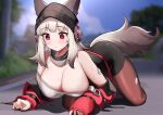  1girl absurdres all_fours animal_ears arknights ass bare_shoulders black_headwear black_skirt blue_sky breasts brown_pantyhose cleavage cloud commentary_request day dishui_tangni fox_ears fox_tail frostleaf_(arknights) grey_hair highres jacket large_breasts long_hair off_shoulder pantyhose pencil_skirt red_eyes skirt sky solo tail thighs 