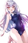  1girl blue_one-piece_swimsuit blush breasts brown_eyes clenched_hand covered_navel fairy_knight_lancelot_(fate) fate/grand_order fate_(series) grin hair_between_eyes hanagata_kai happy long_hair looking_at_viewer one-piece_swimsuit open_mouth school_swimsuit skindentation smile swimsuit very_long_hair 