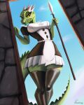  2023 4:5 angry anthro argonian bethesda_game_studios breasts clothing conditional_dnp deeja digital_media_(artwork) digital_painting_(artwork) doorway female hi_res latex latex_clothing latex_legwear latex_thigh_highs legwear looking_at_viewer low-angle_view maid_uniform melee_weapon microsoft paradoxing polearm scalie scar signature skyrim solo spear spikes spikes_(anatomy) tail the_elder_scrolls the_lusty_argonian_maid thigh_highs uniform weapon worm's-eye_view yellow_eyes 