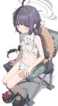  1girl absurdres bikini black_footwear black_hair blue_archive blush braid brown_headwear chair crocs flat_chest folding_chair full_body grey_halo halo hat hat_around_neck highres hwoi_(hw_123) leaf leaf_on_head leaf_print long_hair looking_at_viewer miyu_(blue_archive) miyu_(swimsuit)_(blue_archive) navel official_alternate_costume parted_lips pink_eyes print_bikini simple_background sitting solo starfish straw_hat swimsuit twin_braids white_background white_bikini 