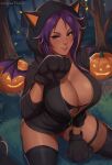  1girl animal_ears animal_hands bat_wings bikini black_hoodie black_thighhighs bleach breasts cleavage dark-skinned_female dark_skin exlic fake_animal_ears fake_wings front-tie_bikini_top front-tie_top gloves grass grin highres hood hoodie jack-o&#039;-lantern large_breasts lips looking_at_viewer medium_hair patreon_username paw_gloves paw_pose purple_hair shihouin_yoruichi sitting smile solo swimsuit thighhighs tree unzipped wariza wings yellow_eyes zipper 