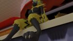  anthro areola black_areola black_nipples breasts claws cyrusdoesart felid feline female fur generation_7_pokemon hi_res interspecies legendary_pokemon mammal medium_breasts nintendo nipples pokeball pokemon pokemon_(species) pokephilia solo tail toe_claws yellow_body yellow_fur zeraora 