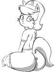  2023 anthro anus big_butt bottomwear bottomwear_down butt cel_shading clothed clothing digital_drawing_(artwork) digital_media_(artwork) domestic_cat felid feline felis female genitals gold-white-kott greyscale hair hi_res katty_katswell looking_back mammal monochrome nickelodeon pants pants_down partially_clothed pussy shaded shirt simple_background sitting solo t.u.f.f._puppy topwear white_background 