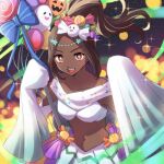  1girl :d blue_bow bow brown_hair candy_hair_ornament crop_top dark-skinned_female dark_skin fire_emblem fire_emblem_engage fire_emblem_heroes food-themed_hair_ornament ghost_hair_ornament hair_ornament halloween_costume high_ponytail holding holding_polearm holding_weapon long_sleeves looking_at_viewer miraioranji navel official_alternate_costume open_mouth polearm ponytail red_eyes skirt smile solo star-shaped_pupils star_(symbol) symbol-shaped_pupils teeth timerra_(fire_emblem) timerra_(halloween)_(fire_emblem) upper_body upper_teeth_only weapon white_skirt wide_sleeves 