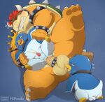  2023 96panda anal anal_penetration anthro avian ball_lick balls bird blue_body blush bowser collar crown erection eyes_closed feet genitals group headgear hi_res kemono king king_penguin_(smbm) koopa licking male male/male mario_bros nintendo oral overweight overweight_male penetration penguin penis royalty scalie sex the_super_mario_bros_movie tongue tongue_out 