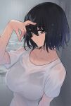  1girl bad_link black_hair breasts brown_eyes chorefuji closed_mouth collarbone commentary_request hair_between_eyes hand_up highres large_breasts original outdoors rain shirt short_hair short_sleeves solo t-shirt upper_body wet wet_clothes wet_shirt white_shirt 