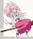  1girl arche_klein belt bracelet broom earrings elbow_gloves full_body gloves highres himukai_yuusuke jewelry long_hair looking_at_viewer pants pink_eyes pink_hair pink_pants ponytail simple_background smile solo tales_of_(series) tales_of_phantasia v white_background wide_ponytail 