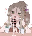  1boy 1girl atelier_(series) atelier_lydie_&amp;_suelle bar_censor bare_shoulders blush bow brown_hair censored collarbone cum cum_in_mouth cum_on_penis cum_on_tongue erection facial fellatio fingerless_gloves firis_mistlud gloves green_bow green_eyes hair_bow heart hetero highres licking licking_penis long_hair looking_at_viewer open_mouth oral penis pov simple_background solo_focus sumiyao_(amam) tongue tongue_out white_background 