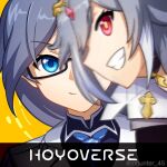  2girls :d artist_name black_shirt blue_eyes blue_necktie blurry blurry_foreground chinese_clothes closed_mouth collared_shirt company_name dual_persona fu_hua fu_hua_(herrscher_of_sentience) fu_hua_(night_squire) glasses hair_ornament honkai_(series) honkai_impact_3rd jacket long_hair looking_at_viewer mhunter_45 motion_lines multiple_girls necktie red_eyes shirt smile watermark white_jacket yellow_background 