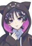  1boy :p absurdres animal_hood black_hair black_hood black_hoodie cat_hood earrings genshin_impact gs_hogehoge hair_ornament hairclip highres hood hoodie jewelry long_sleeves male_focus purple_eyes scaramouche_(genshin_impact) short_hair solo tongue tongue_out wanderer_(genshin_impact) x_hair_ornament 