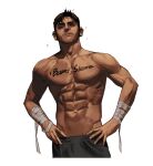  1boy abs bandaged_arm bandages beard_stubble biceps black_hair black_pants expressionless highres looking_at_viewer male_focus muscular muscular_male original pants pectorals rinotuna short_hair simple_background solo white_background 