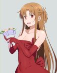  1girl :d asuna_(sao) bouquet bow braid breasts brown_hair cleavage collarbone covered_navel dress dress_bow elbow_gloves french_braid gloves holding holding_bouquet large_breasts long_hair puge red_bow red_dress red_gloves short_ponytail simple_background smile solo sword_art_online 