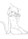  2023 4_fingers anthro balls breasts claws cute_fangs digital_media_(artwork) domestic_cat felid feline felis fingers genitals gynomorph hi_res intersex looking_at_viewer mammal monochrome navel open_mouth pawpads penis simple_background smile solo vuaisu white_background young 