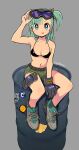  1girl alternate_costume belt bikini bikini_top_only blue_eyes blue_hair breasts bulma capsule_corp commentary_request dragon_ball dragon_ball_(classic) dragon_ball_(object) drum_(container) full_body gloves highres looking_at_viewer mago medium_breasts short_hair shorts single_glove sitting solo swimsuit tongue tongue_out unworn_gloves 