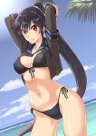  1girl abo_(hechouchou) arms_behind_head beach bikini black_bikini black_hair black_jacket blue_sailor_collar blue_sky breasts brown_eyes cloud cowboy_shot day front-tie_top horizon jacket kantai_collection large_breasts long_hair ocean outdoors ponytail sailor_collar scrunchie side-tie_bikini_bottom sidelocks sky solo swimsuit yahagi_(kancolle) yahagi_kai_ni_(kancolle) 