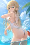  1girl aqua_eyes ass ball beachball blonde_hair breasts cloud cowboy_shot day elf from_behind highres looking_at_viewer looking_back may9 medium_breasts ocean one-piece_swimsuit original outdoors palm_tree parted_lips pointy_ears solo swimsuit tree wading water wet white_one-piece_swimsuit 