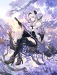  1girl absurdres alicia_(anchor_panic) anchor_panic bare_shoulders black_gloves breasts detached_sleeves gloves hairband high_heels highres holding holding_sword holding_weapon katana official_art purple_eyes senryoko sitting_on_branch sword thighhighs weapon white_hair 