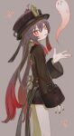  1girl black_headwear black_nails black_shorts bolero_(bo_le_ro66) brown_hair chinese_clothes crossed_legs double-parted_bangs genshin_impact ghost grey_background hair_between_eyes highres hu_tao_(genshin_impact) long_hair multicolored_hair red_eyes red_hair shorts sidelocks standing wide_sleeves 