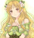  1girl aqua_flower atelier_(series) atelier_ayesha ayesha_altugle bare_shoulders black_bow blonde_hair blush bow breasts brown_eyes closed_mouth collarbone fingernails flower green_headwear hair_ribbon hands_up hani_(udauda) leaf long_hair looking_at_viewer medium_breasts pink_flower puffy_short_sleeves puffy_sleeves purple_flower ribbon short_sleeves sleeve_ribbon smile solo upper_body wavy_hair white_ribbon yellow_flower 