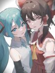  2girls absurdres aqua_eyes aqua_hair aqua_necktie artist_name ascot bare_shoulders blurry bow breasts brown_eyes brown_hair commentary_request crossover detached_sleeves frilled_bow frilled_hair_tubes frilled_shirt_collar frills hair_between_eyes hair_bow hair_tubes hakurei_reimu hatsune_miku highres looking_at_viewer loose_necktie multiple_girls naruhodo_ok necktie nontraditional_miko open_mouth red_bow red_skirt shirt sidelocks signature skirt skirt_set sleeveless sleeveless_shirt small_breasts smile touhou twintails upper_body vocaloid yellow_ascot 