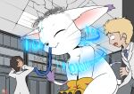  2023 bandai_namco binary_code clothing coat detailed_background digimon digimon_(species) ears_down eyes_closed feral gatomon group growth human inside lab_coat macro male mammal object_in_mouth pivoted_ears rai_kun server server_room signature size_difference suprised_look tail topwear white_body wire 