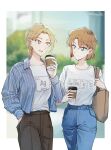  2girls artist_name astrayin blonde_hair blurry blurry_background border braid braided_ponytail breasts brown_hair brown_pants character_request cowboy_shot cup denim disposable_cup hand_in_pocket highres holding holding_cup jeans large_breasts long_hair meitantei_conan miyano_shiho multiple_girls open_clothes open_shirt pants ponytail shirt shirt_tucked_in short_hair smile striped striped_shirt white_border white_shirt 