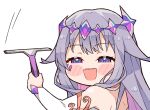  1girl blush_stickers face_jewel gem hair_flaps half-closed_eyes hand_jewel highres holding hololive hololive_english koseki_bijou kukie-nyan long_hair looking_at_viewer open_mouth purple_eyes purple_hair sidelocks simple_background single_arm_guard solo squeegee teeth tiara upper_teeth_only white_background 