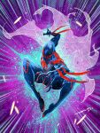  1boy claws english_commentary facing_viewer full_body highres iban_coello jumping male_focus marvel miguel_o&#039;hara muscular muscular_male solo spider-man:_across_the_spider-verse spider-man_(2099) spider-man_(series) superhero 