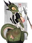  ?! adramallih anthro argonian bethesda_softworks big_breasts big_butt bottomless breasts butt clothed clothing female garter_straps genitals green_body green_scales hi_res horn lusty_argonian_maid maid_uniform melee_weapon nipples no_underwear non-mammal_breasts non-mammal_nipples partially_clothed polearm pussy rear_view reptile scales scalie solo spear tail the_elder_scrolls uniform weapon 