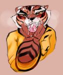  2023 anthro bodily_fluids clothed clothing cum dreamworks felid feline female fur genital_fluids hi_res kung_fu_panda looking_at_viewer mammal master_tigress orange_body orange_fur pantherine sanido simple_background solo stripes tiger tongue tongue_out white_body white_fur 