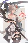  1girl animal_ears arm_tattoo blue_eyes boots breasts cat_ears cat_tail cleavage facial_mark final_fantasy final_fantasy_xiv flower grey_hair hair_between_eyes hair_flower hair_ornament highres holding holding_scythe long_hair looking_at_viewer medium_breasts miqo&#039;te mokokoiro reaper_(final_fantasy) sarashi scythe solo tail tattoo thigh_boots warrior_of_light_(ff14) whisker_markings 