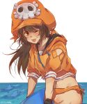  1girl :p absurdres black_gloves blush brown_eyes brown_hair cabbie_hat gloves guilty_gear guilty_gear_strive hat hat_ornament highres hood hoodie long_hair long_sleeves looking_at_viewer may_(guilty_gear) mil17459623 one_eye_closed orange_headwear orange_hoodie skull_and_crossbones skull_hat_ornament smile tongue tongue_out 