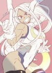  1girl :d animal_ears boku_no_hero_academia breasts covered_navel crescent_moon crescent_print dark-skinned_female dark_skin dated double_fox_shadow_puppet fox_shadow_puppet fur_collar gloves highleg highleg_leotard large_breasts leotard long_eyelashes long_hair looking_at_viewer mirko moon noriko_mrsm parted_bangs pink_background purple_thighhighs rabbit_ears rabbit_girl rabbit_tail red_eyes signature sleeveless_turtleneck_leotard smile solo tail taut_leotard teeth thick_thighs thighhighs thighs toned white_gloves white_hair white_leotard 