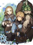  1boy 1girl blonde_hair blue_eyes blue_flower braid breasts fingerless_gloves flower gloves green_eyes hair_ornament hairclip highres horse jewelry korok link looking_at_viewer medium_breasts open_mouth petals pointy_ears princess_zelda seinikuten short_hair sidelocks smile the_legend_of_zelda the_legend_of_zelda:_tears_of_the_kingdom white_flower 