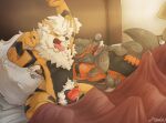  animal_genitalia anthro arcanine armpit_hair bagu bed body_hair duo erection eyes_closed fur furniture generation_1_pokemon genitals hi_res hisuian_arcanine hisuian_form male male/male nintendo on_bed open_mouth orange_body orange_fur pokemon pokemon_(species) regional_form_(pokemon) sheath sleeping waking_up yellow_body yellow_fur 