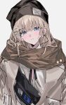  1girl aogisa beanie blue_eyes commentary girls&#039;_frontline grey_background hair_ornament hat head_tilt highres jacket light_brown_hair long_hair looking_at_viewer scar-l_(girls&#039;_frontline) scarf shirt simple_background smile solo upper_body white_shirt 