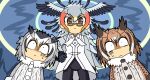  3girls arm_at_side arms_at_sides behind_another bird_wings brown_hair buttons chibi coat constricted_pupils eurasian_eagle_owl_(kemono_friends) fisheye glasses gloom_(expression) gloves grey_hair hair_between_eyes hand_on_own_hip head_wings height_difference kemono_friends long_hair long_sleeves medium_hair multicolored_hair multiple_girls northern_white-faced_owl_(kemono_friends) orange_hair pants red_hair scared secretarybird_(kemono_friends) semi-rimless_eyewear shaded_face sky srd_(srdsrd01) sweatdrop under-rim_eyewear very_long_hair white_hair wide-eyed wings yellow-framed_eyewear 