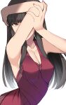  1girl absurdres arm_behind_head armpits bare_shoulders black_hair blunt_bangs breasts brown_eyes cleavage collarbone dress haruichi_(komikal) highres holding_own_arm idolmaster idolmaster_cinderella_girls idolmaster_cinderella_girls_starlight_stage kurokawa_chiaki long_hair looking_at_viewer medium_breasts pink_nails red_dress simple_background solo white_background 